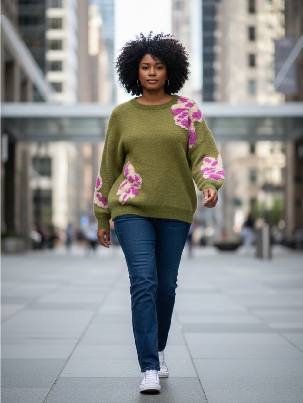 Olive Green Floral Crewneck Sweater with Pink Accents